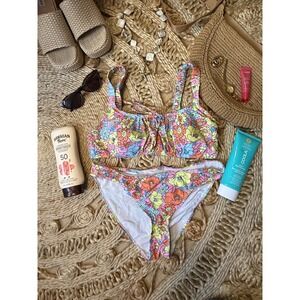 Vintage Style Floral Bikini Set Retro 70s Flower Print Two Piece Swimsuit Pink